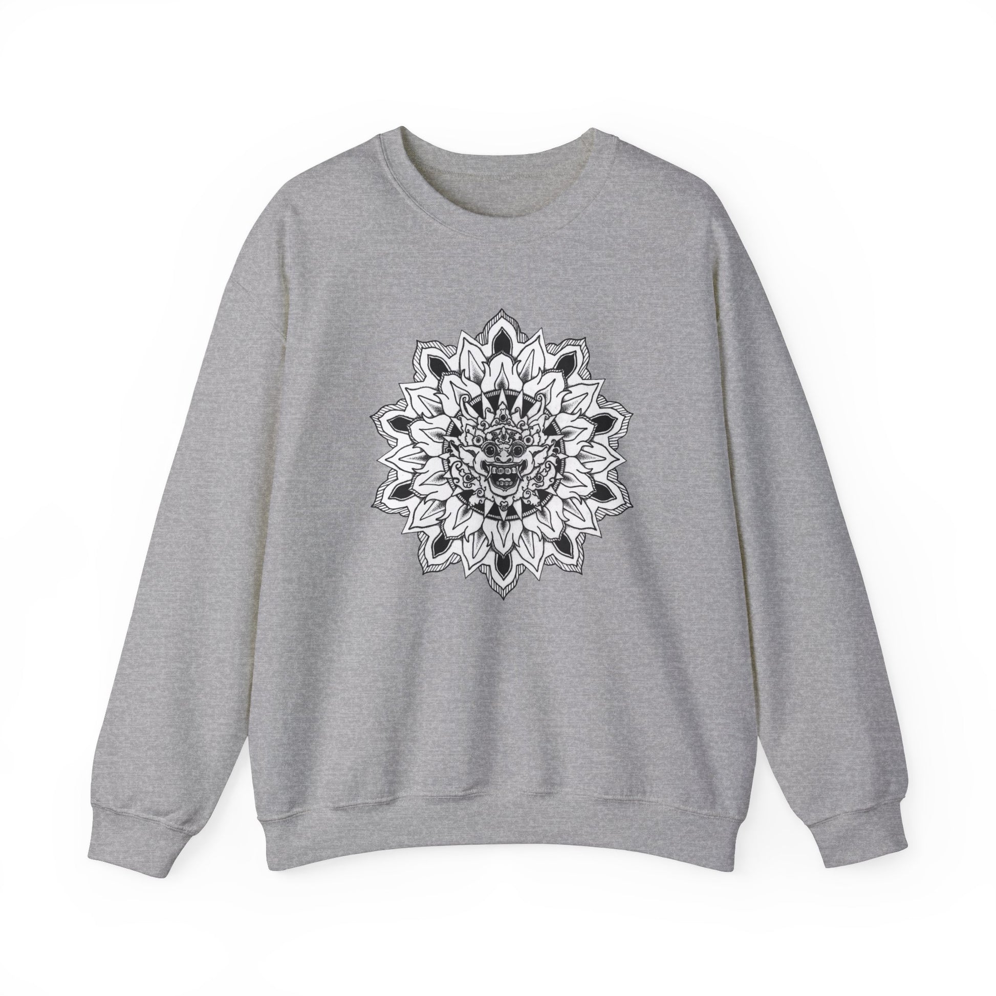 image of a grey mandalarian brand sweatshirt with a black and white bhoma bali god mandala design on the front