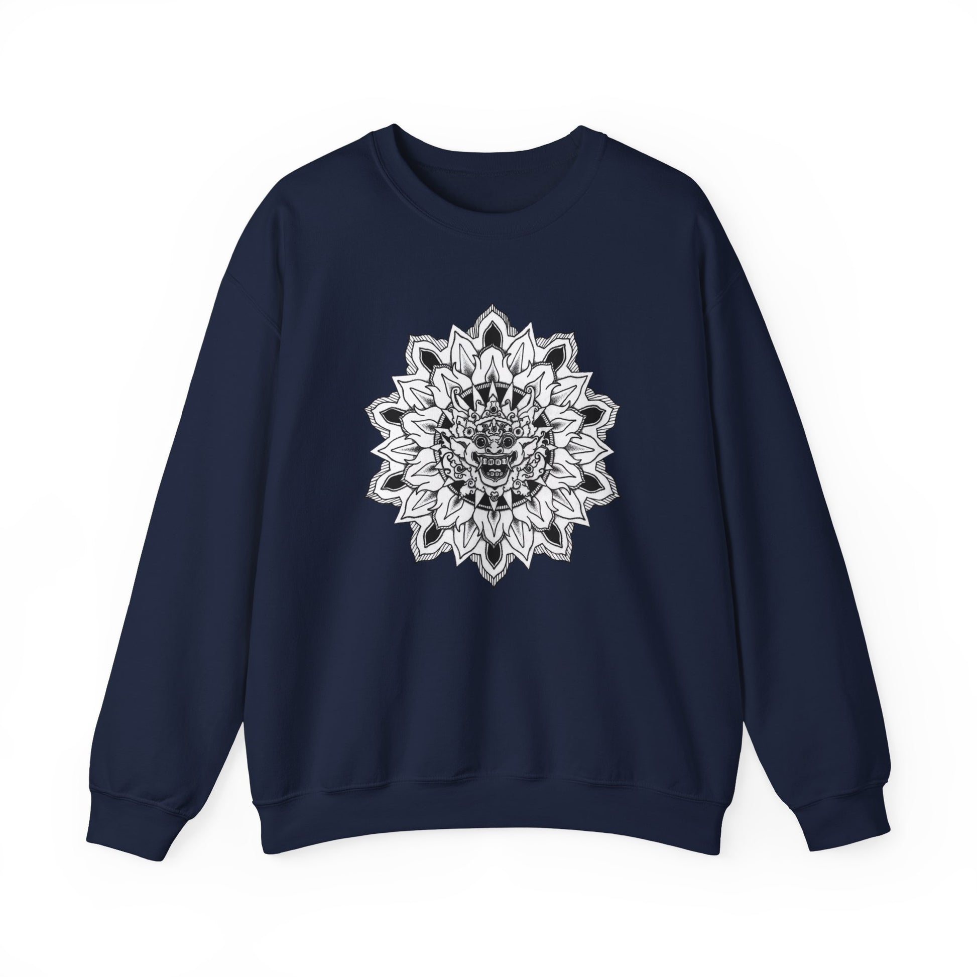 image of a navy color mandalarian brand sweatshirt with a black and white bhoma bali god mandala design on the front