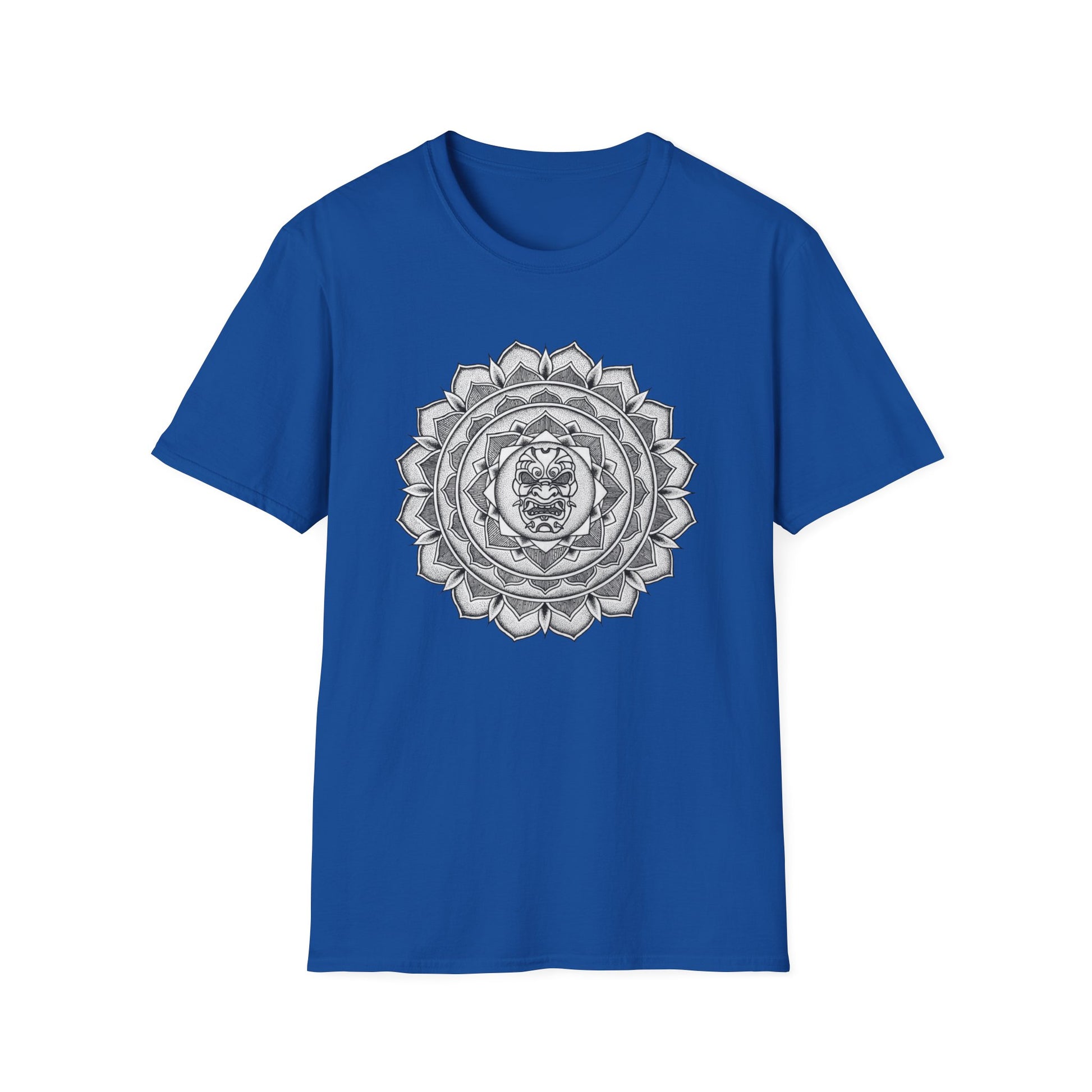 blue unisex t-shirt with white and black samurai mask mandala design on the front