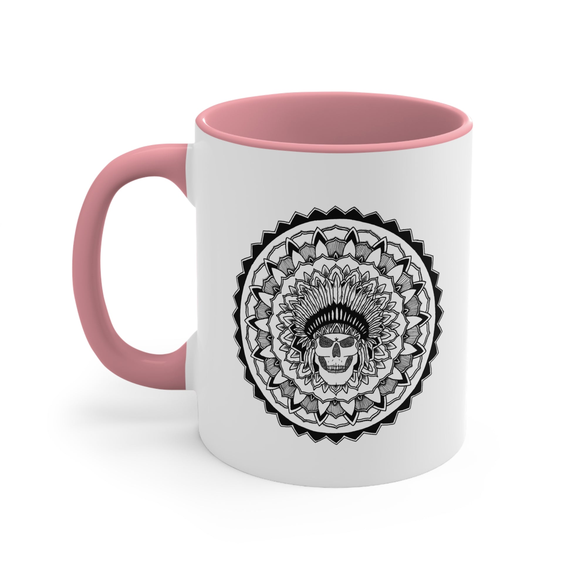 a two toned pink and white 11oz coffee mug with chieftain skull mandala design