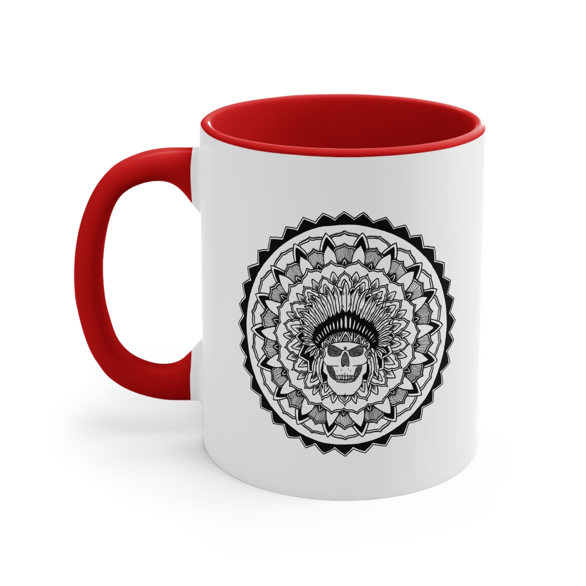 a two toned red and white 11oz coffee mug with chieftain skull mandala design