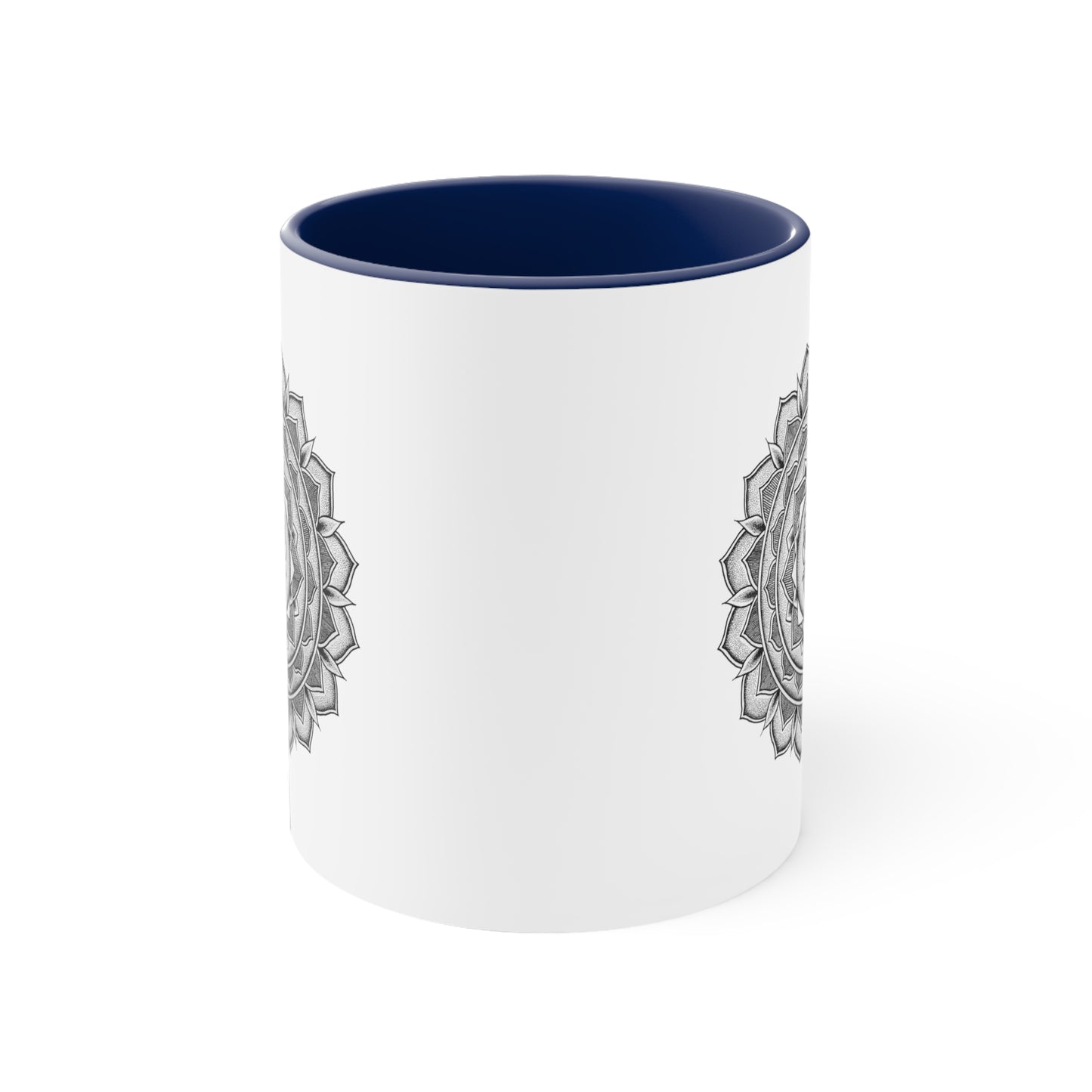 a side profile of a two toned white and navy blue 11oz coffee mug with mandala designs on both sides