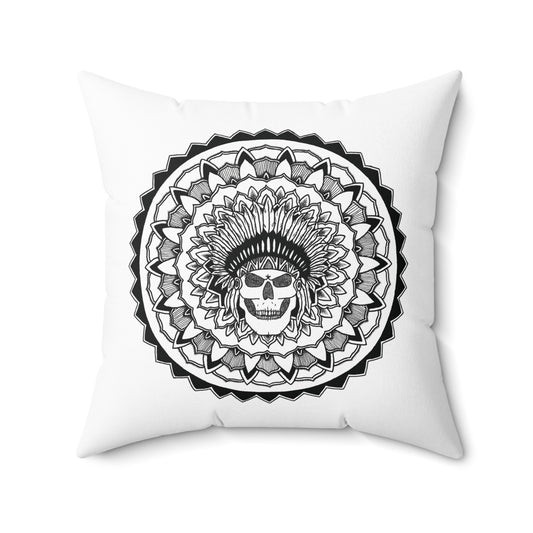 white pillow cushion with chieftain skull mandala tattoo design print on both sides