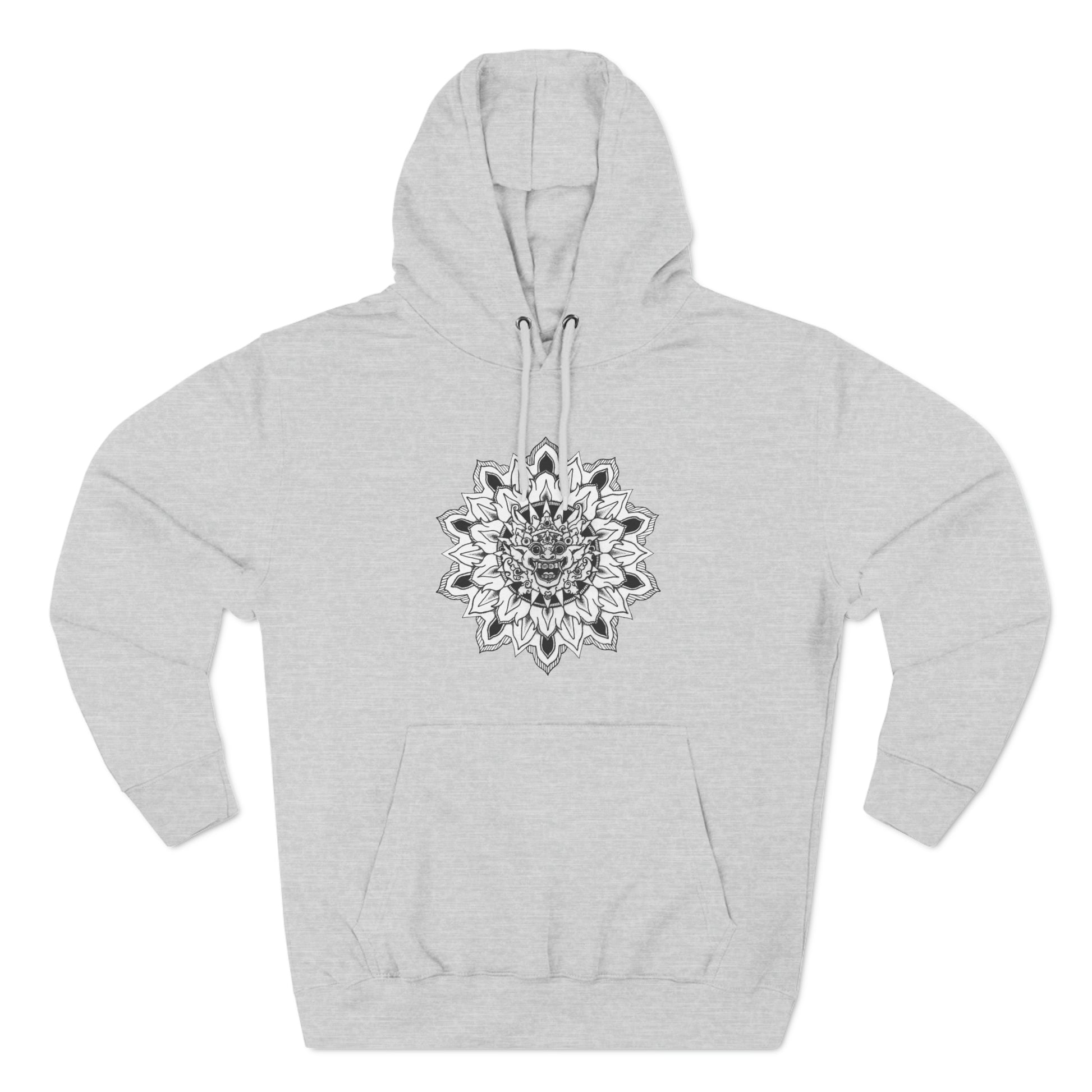 image of a unisex grey hooded sweatshirt with white and black bhoma bali god mandala design on the front