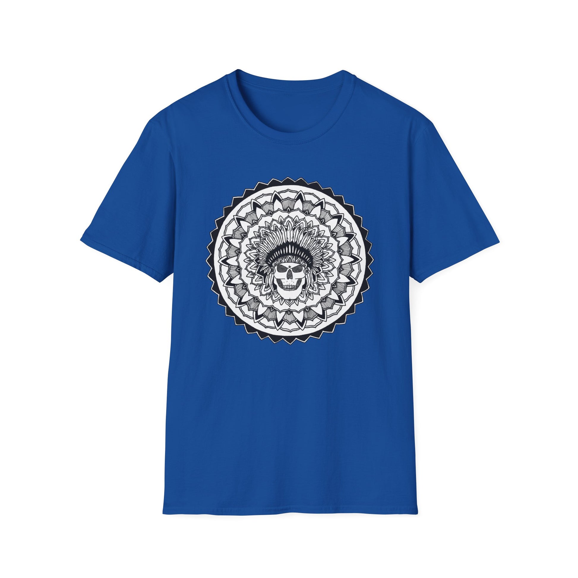 image of blue unisex t-shirt with white and black chieftain skull mandala design on the front