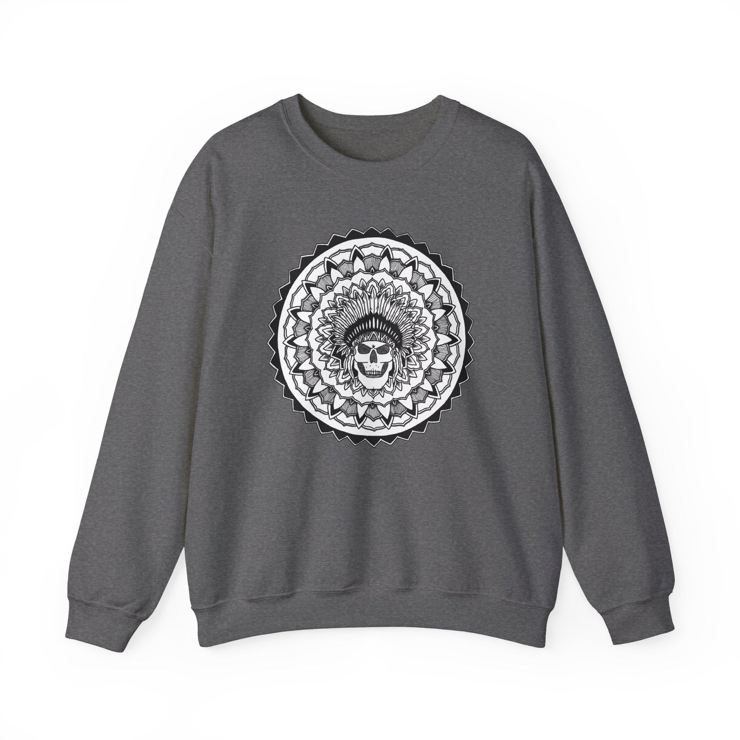 image of a dark grey mandalarian brand sweatshirt with a white and black chieftain skull tattoo mandala design on the front