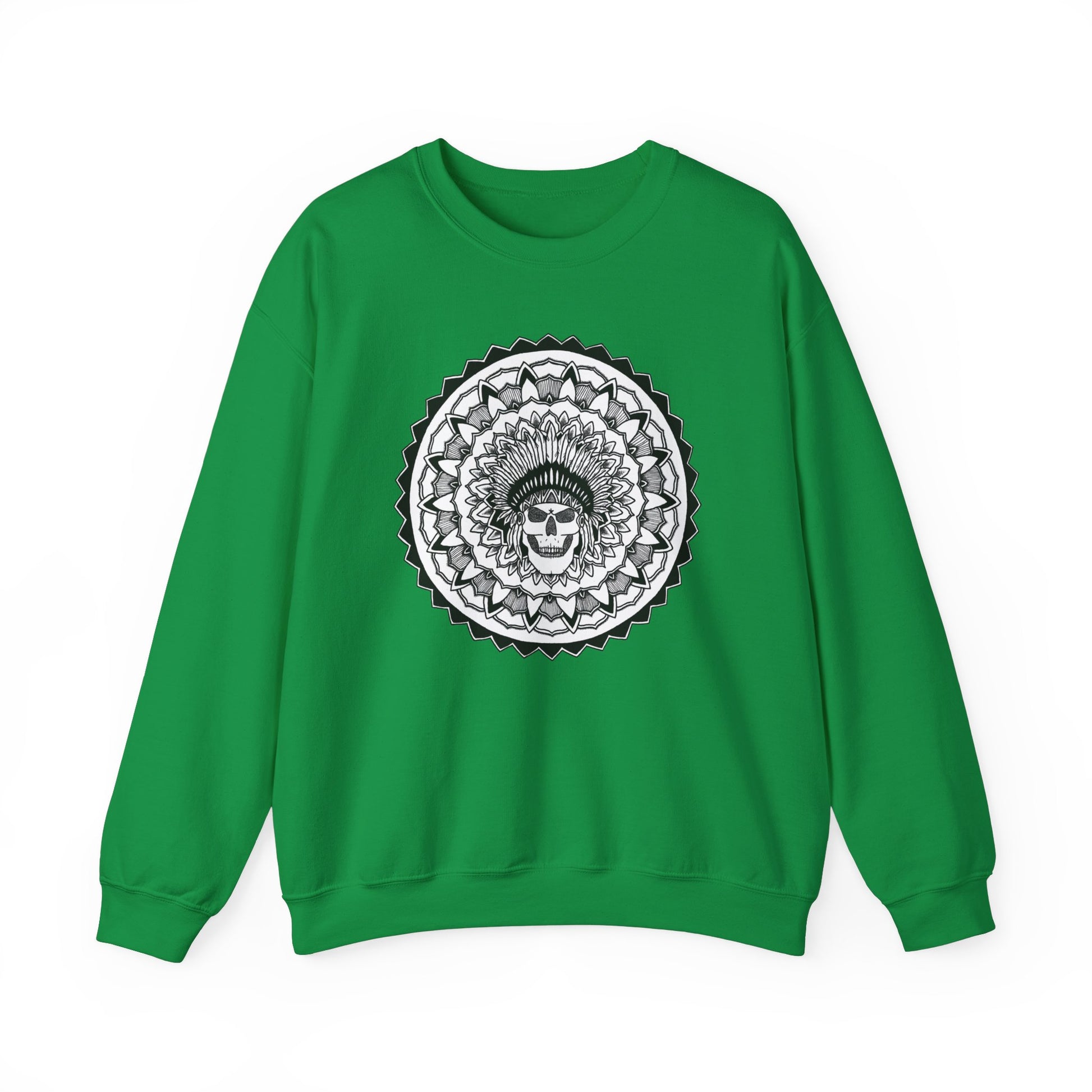 image of a green mandalarian brand sweatshirt with a white and black chieftain skull tattoo mandala design on the front