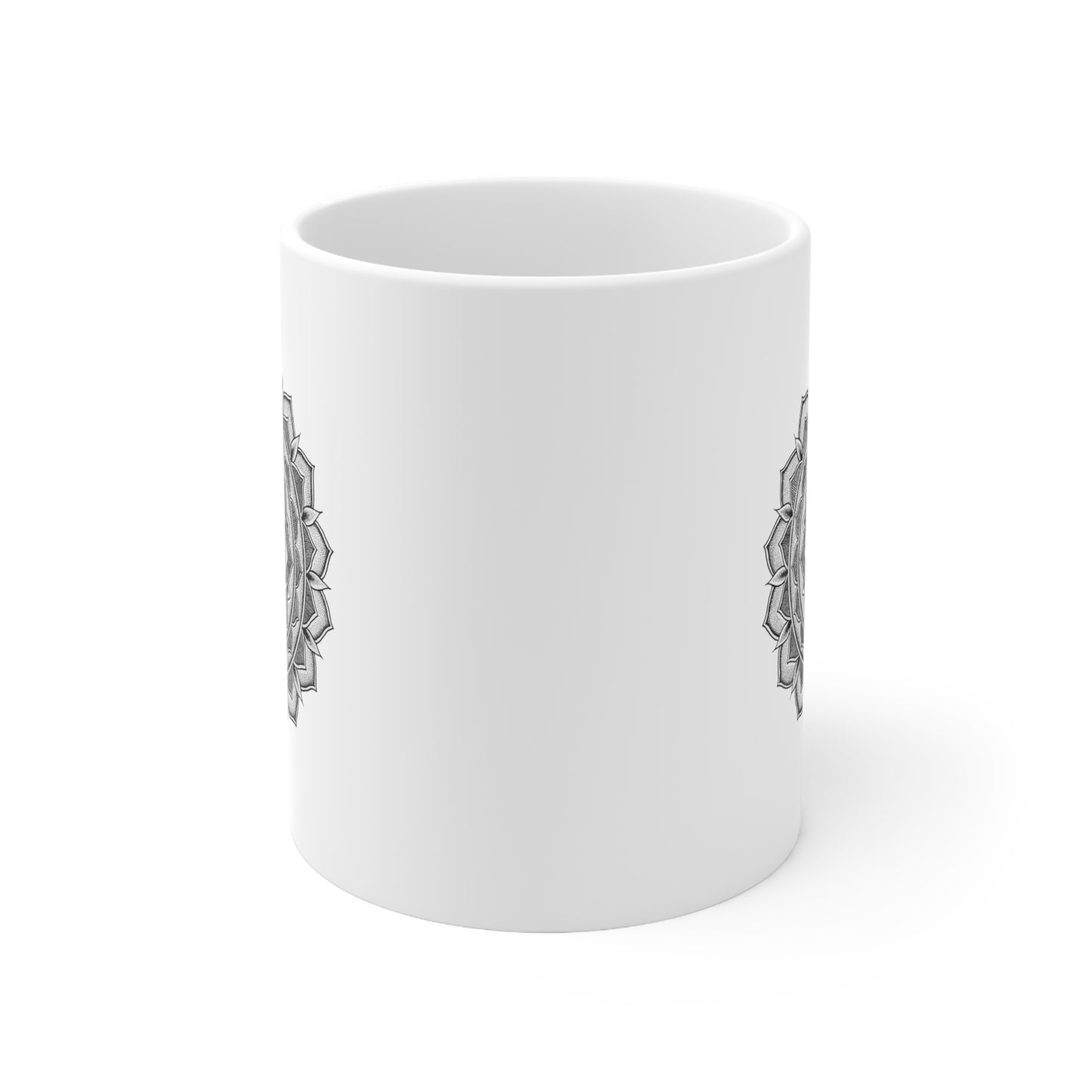 side profile of a white 11oz coffee mug with a mandala design on both sides