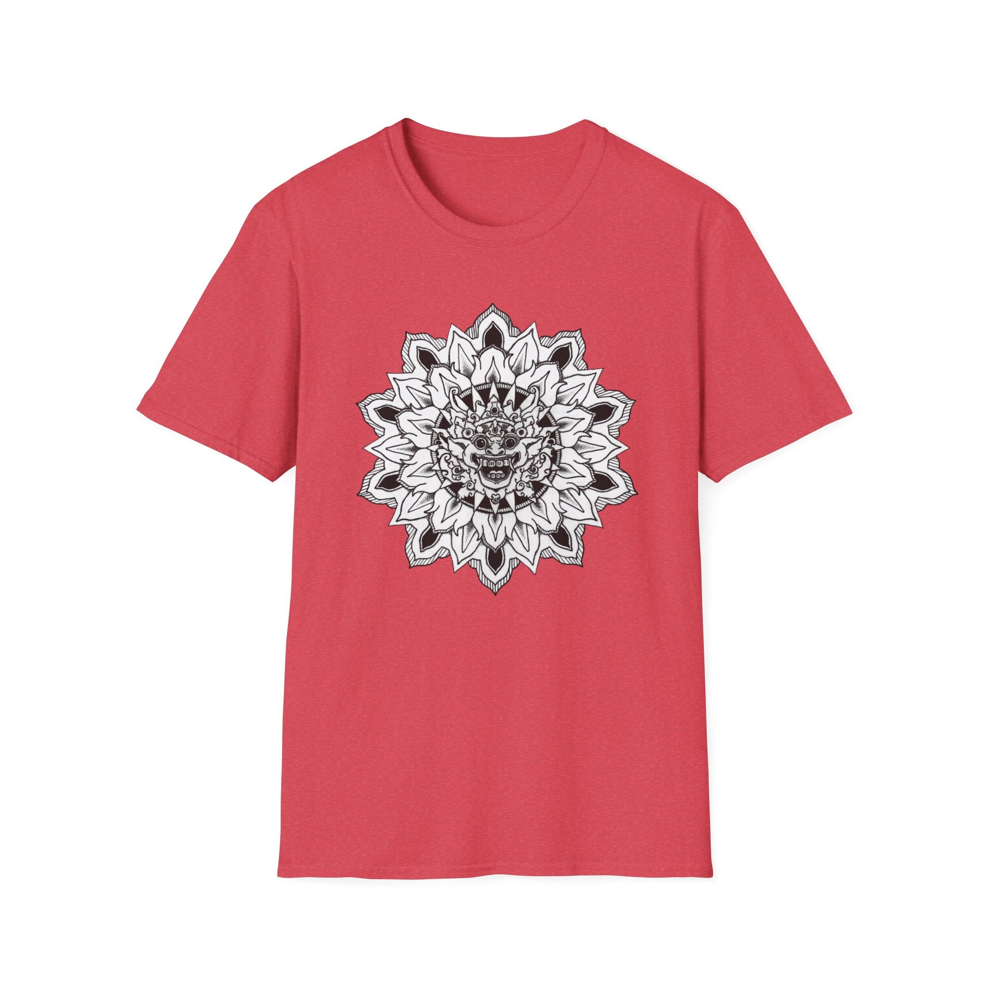 image of heather red unisex t-shirt with white and black bhoma bali god mandala design on the front