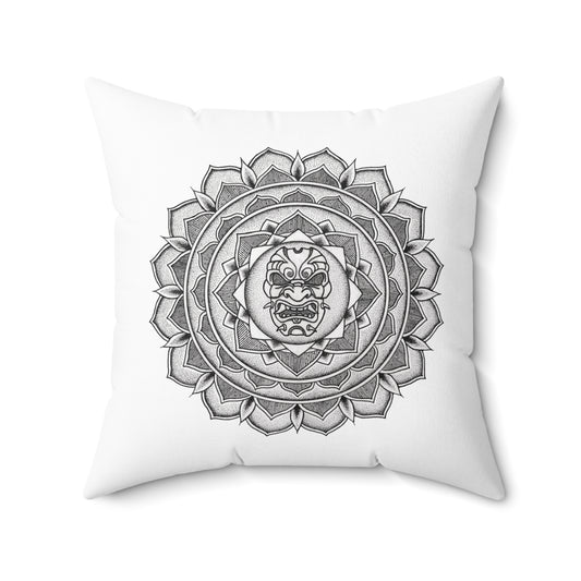 white pillow cushion with samurai mask mandala tattoo design print on both sides