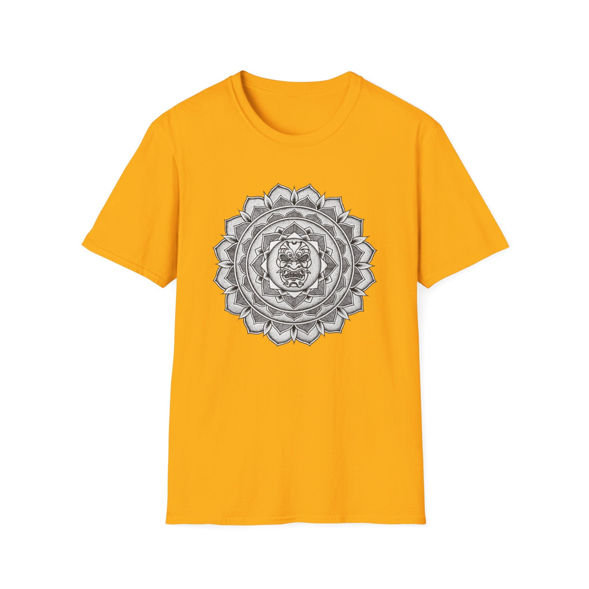 yellow unisex t-shirt with white and black samurai mask mandala design on the front