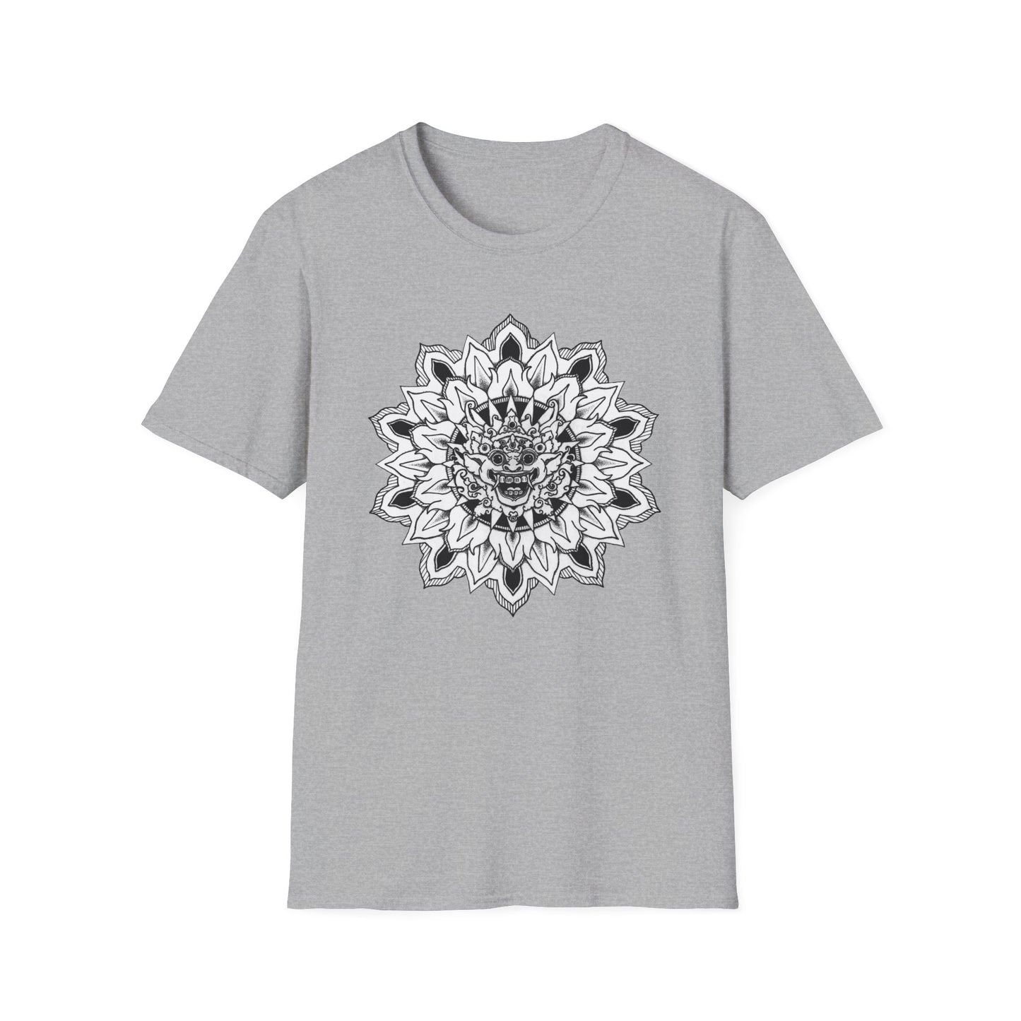 image of grey unisex t-shirt with white and black bhoma bali god mandala design on the front