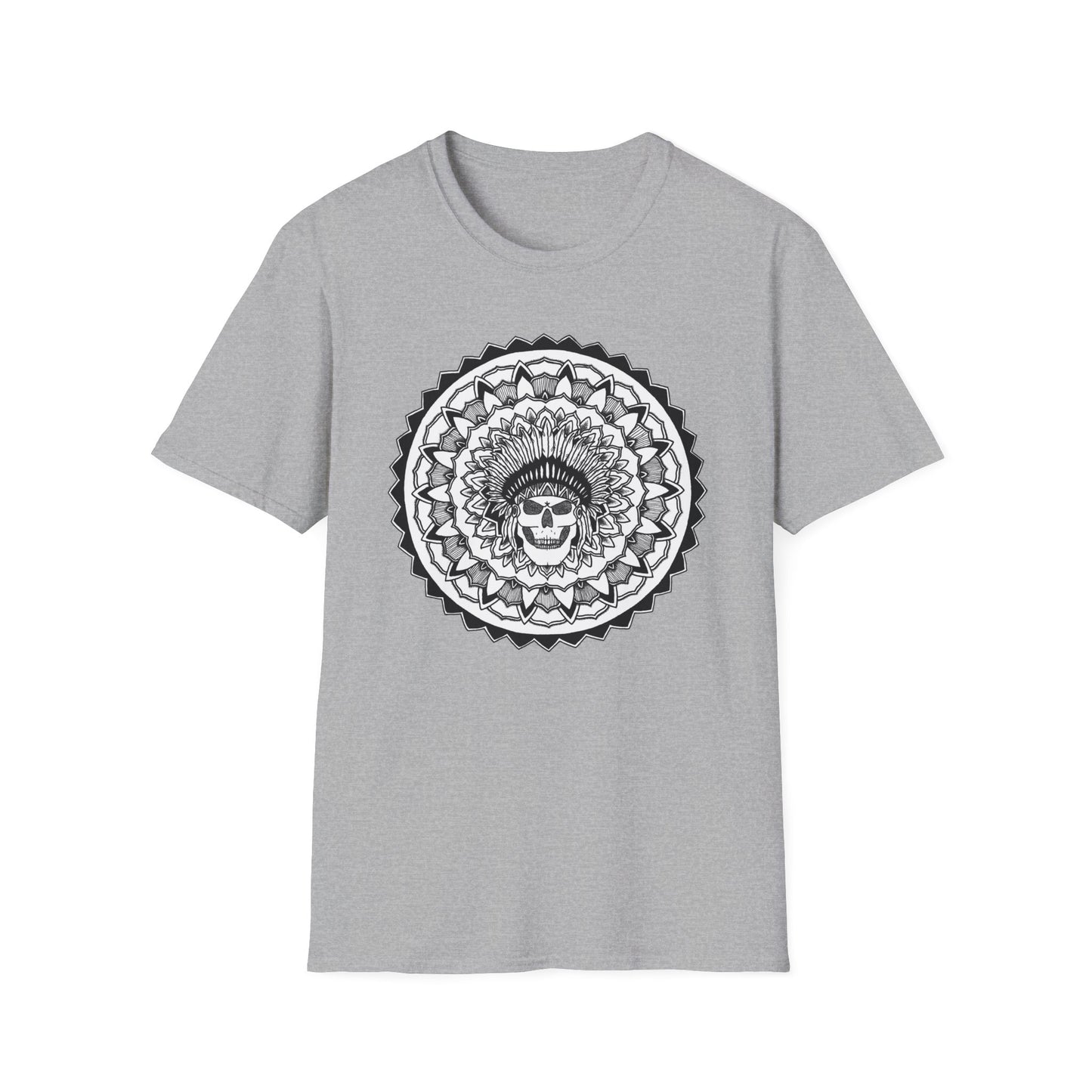 image of grey color unisex t-shirt with white and black chieftain skull mandala design on the front