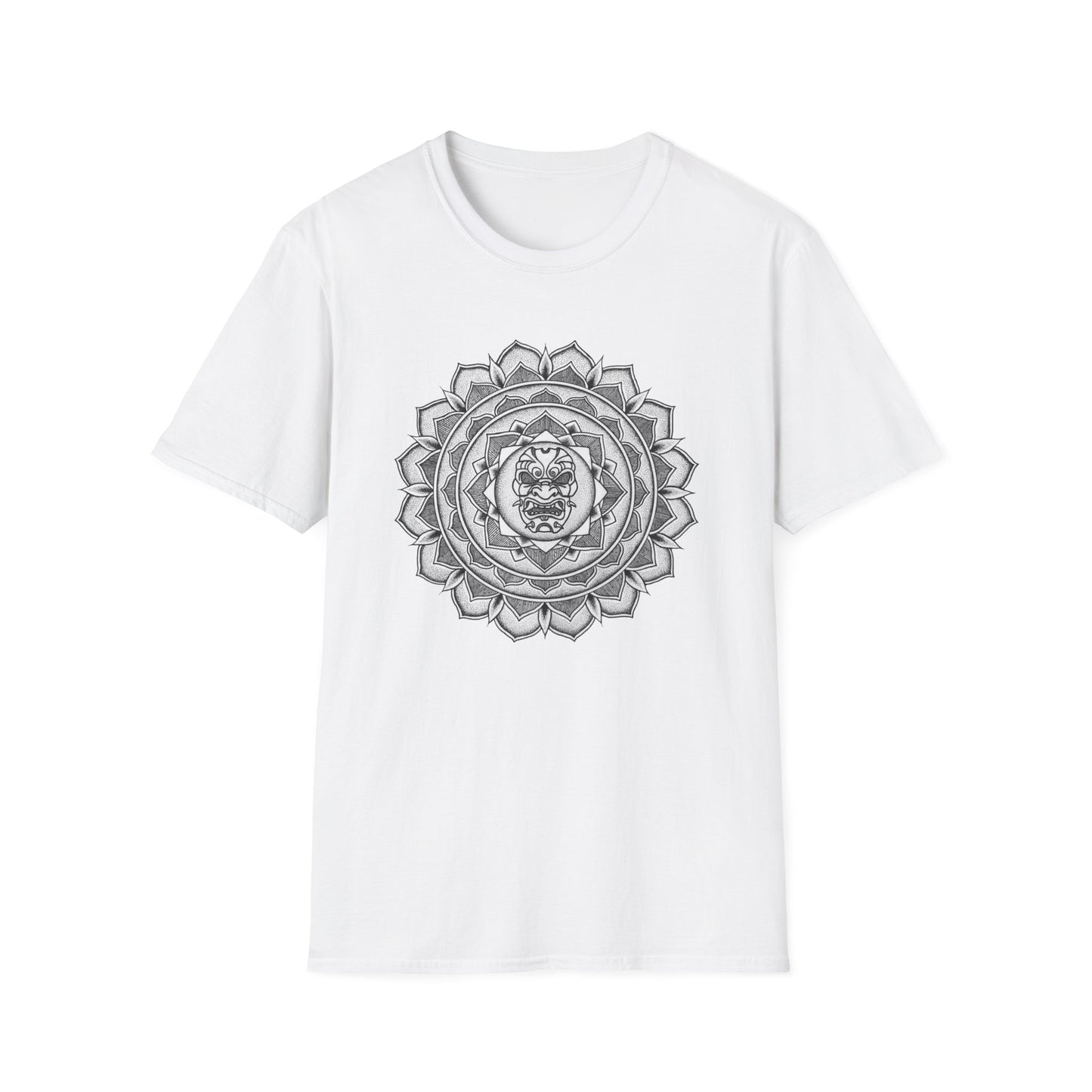 white unisex t-shirt with white and black samurai mask mandala design on the front