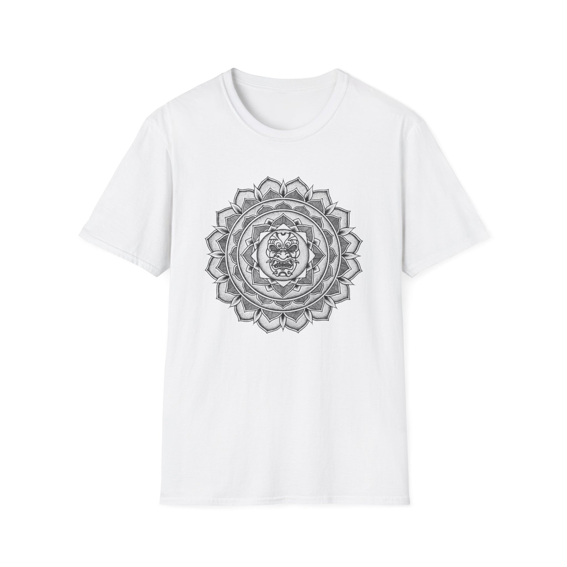 white unisex t-shirt with white and black samurai mask mandala design on the front