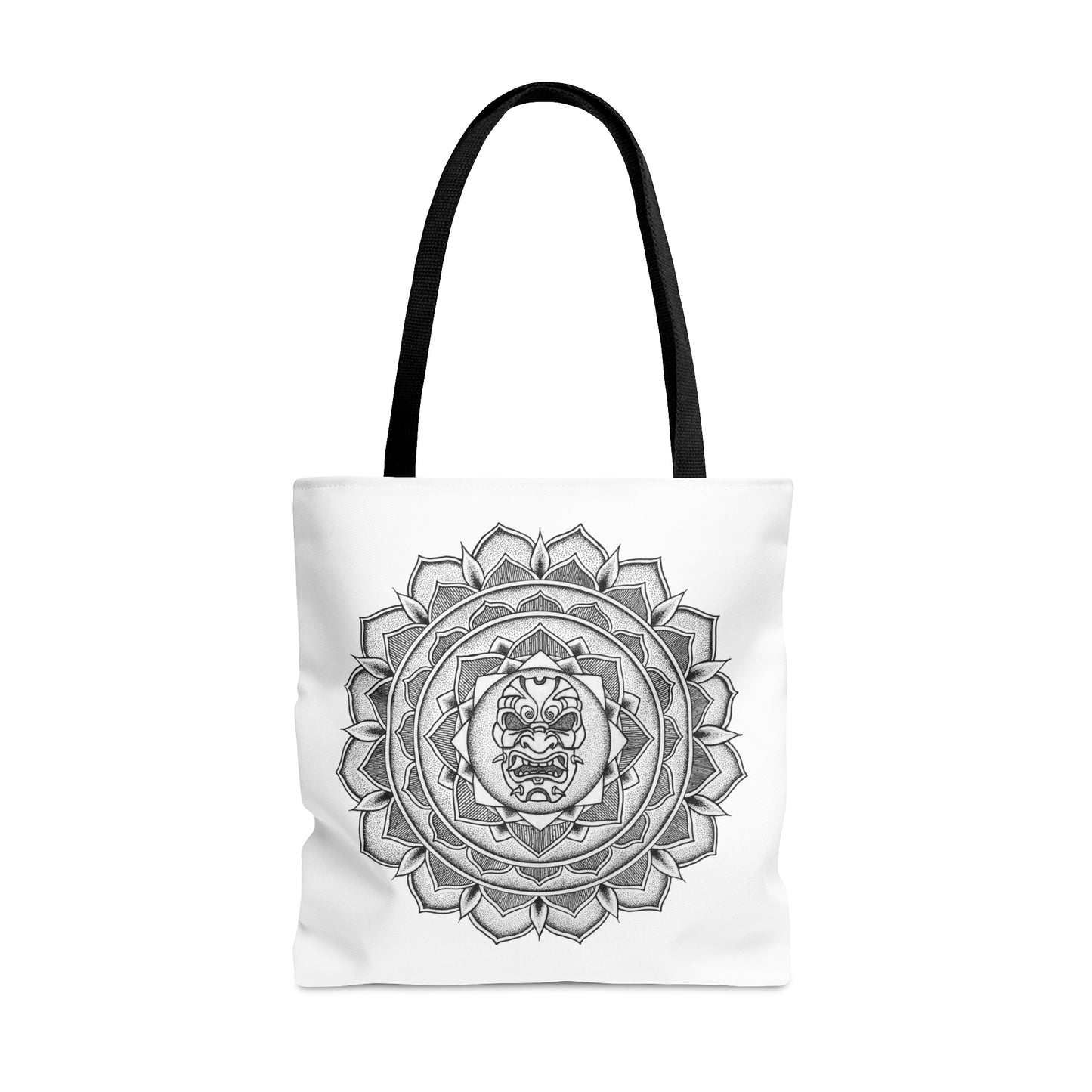 white mandalarian brand tote bag with black handle and samurai mask design print on both sides