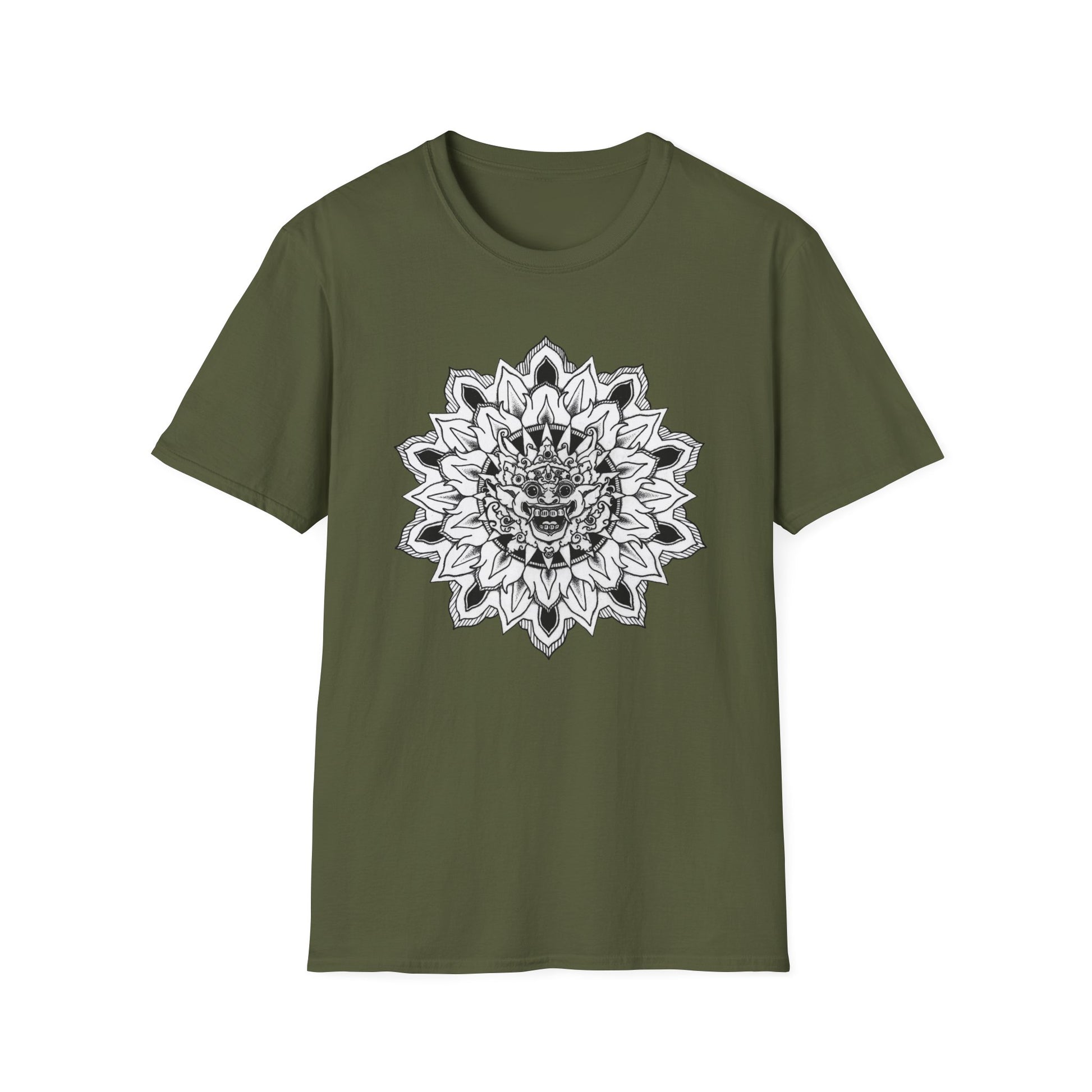 image of olive green unisex t-shirt with white and black bhoma bali god mandala design on the front