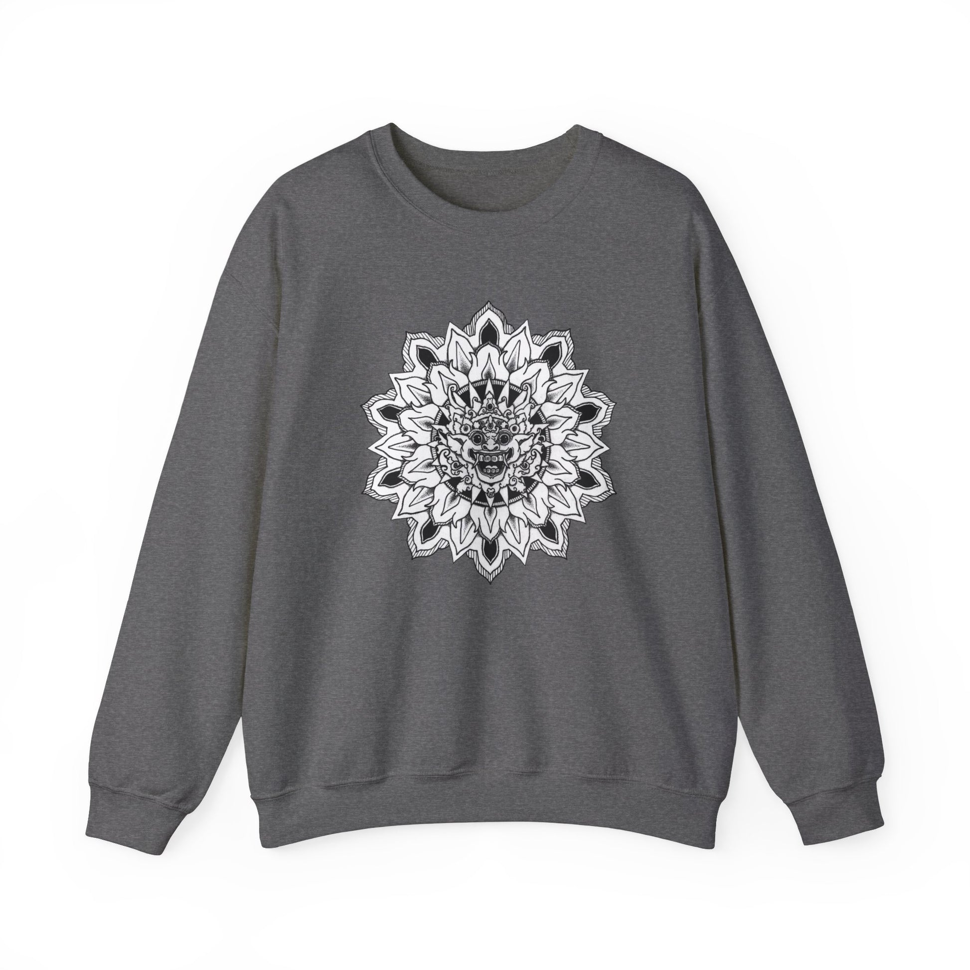 image of a dark grey mandalarian brand sweatshirt with a black and white bhoma bali god mandala design on the front