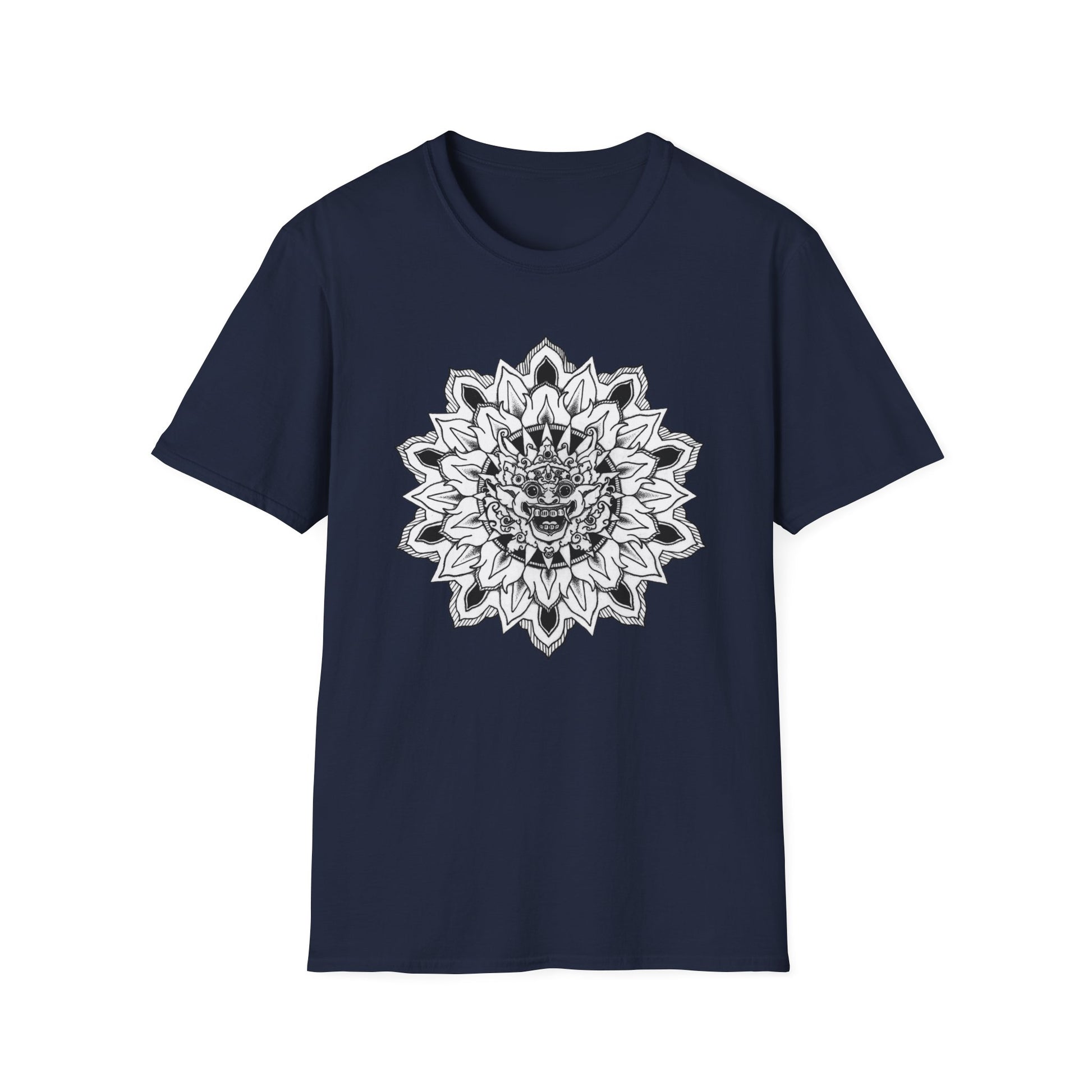 image of navy blue unisex t-shirt with white and black bhoma bali god mandala design on the front