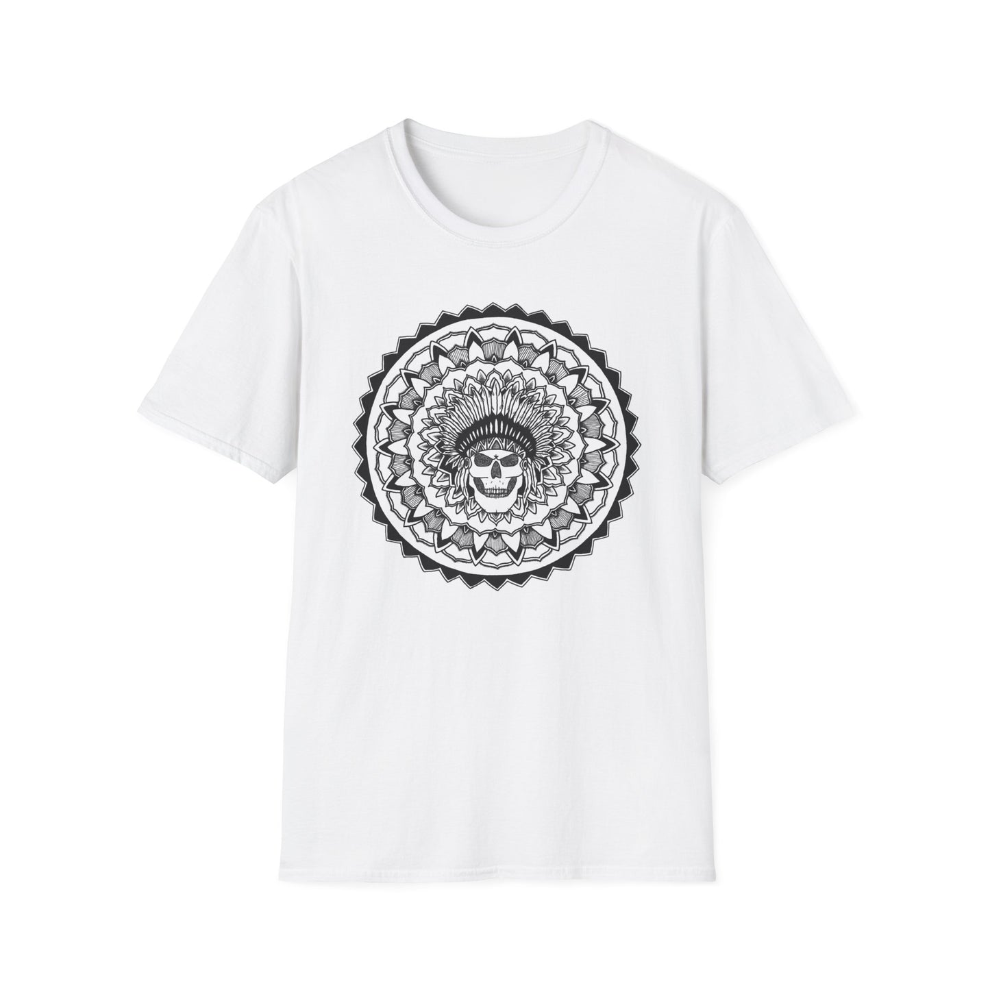 image of white color unisex t-shirt with white and black chieftain skull mandala design on the front