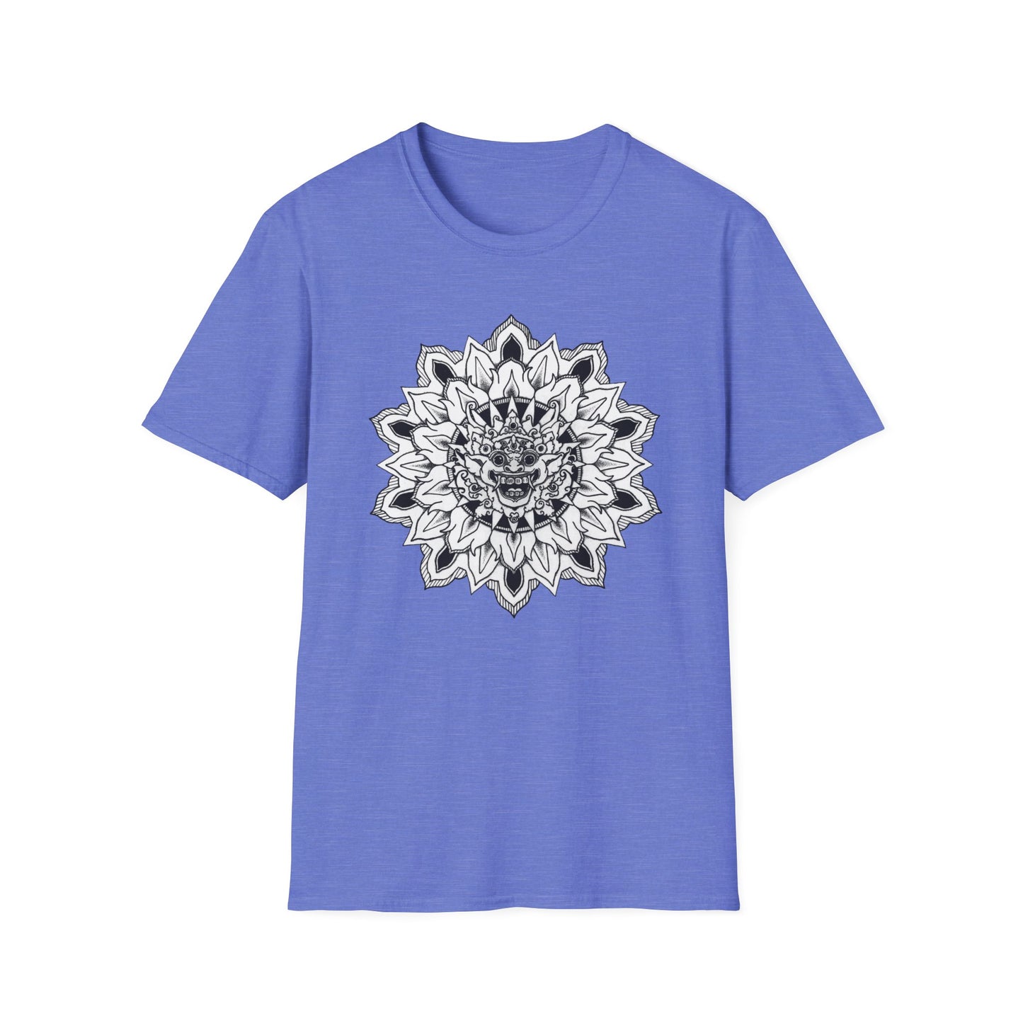 image of heather blue unisex t-shirt with white and black bhoma bali god mandala design on the front