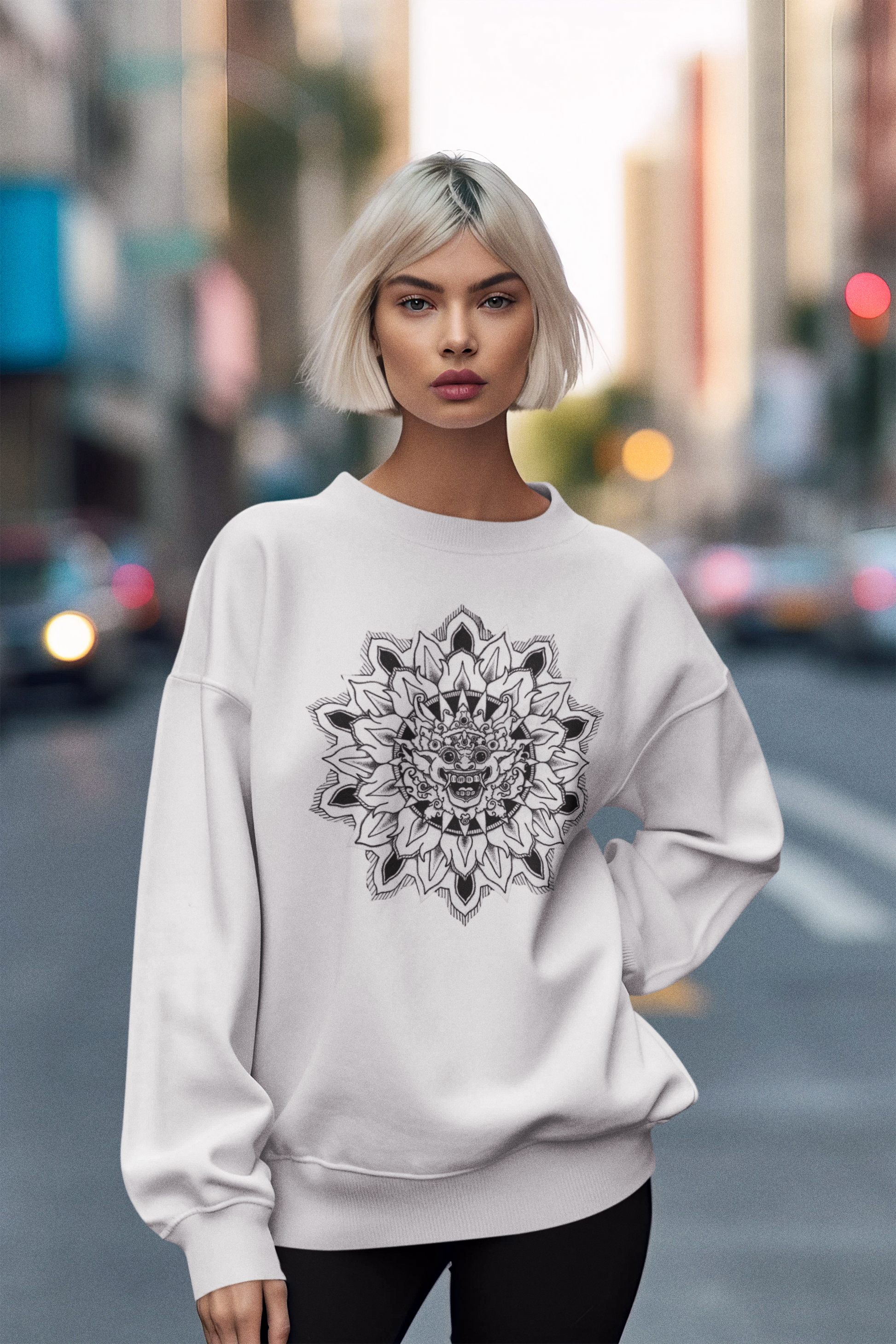 ai woman in the street wearing a white mandalarian brand sweatshirt with black and white bhoma bali god design on the front