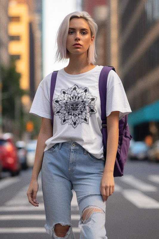 a blonde haired woman wearing a mandalarian brand white t-shirt with black bhoma bali god design in the streets