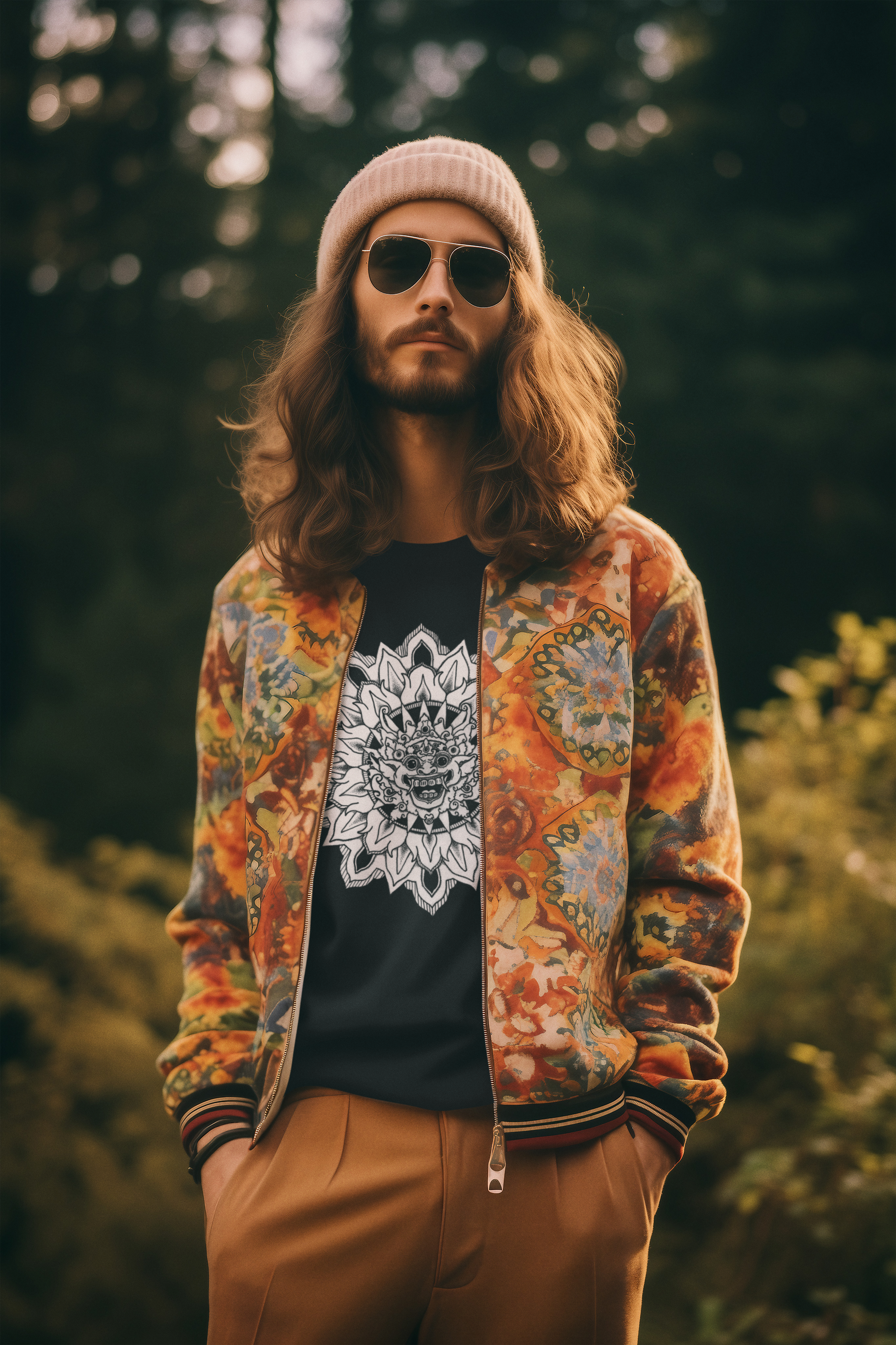 a long-haired man wearing a black mandalarian brand t-shirt with a bhoma bali god mandala tattoo design and 1960s style jacket and sunglasses