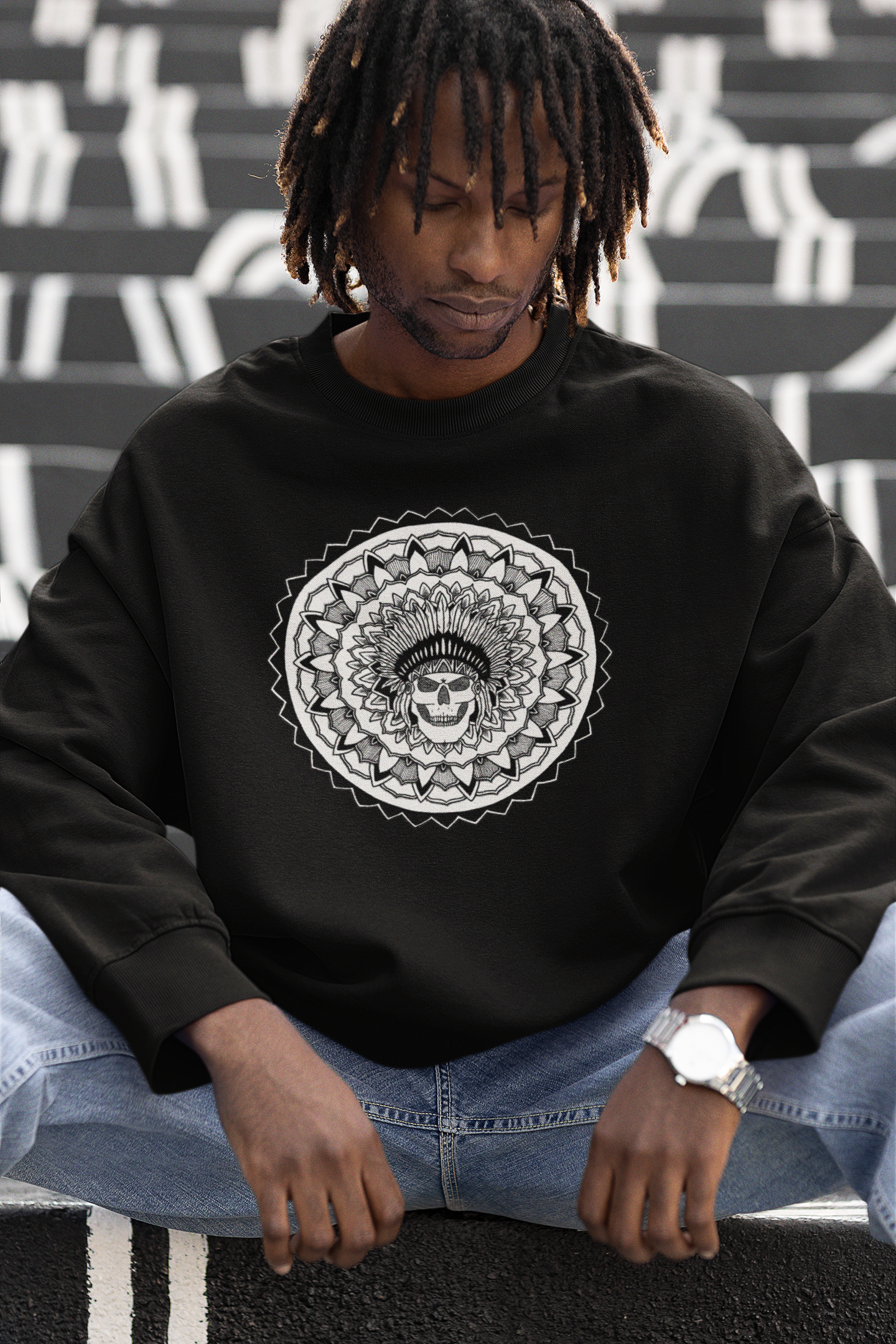 image of a man sat on steps outside wearing a black sweatshirt with a chieftain skull tattoo mandala design on the front