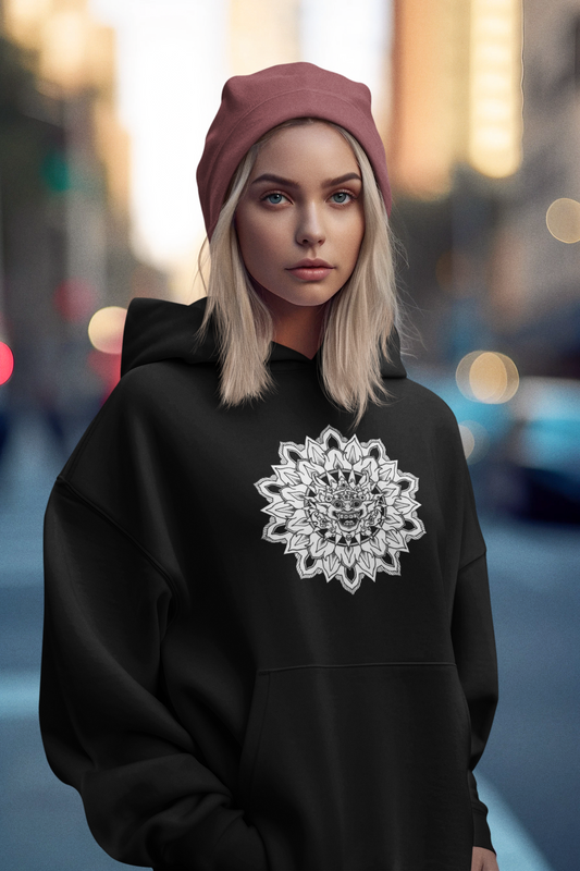 ai woman wearing a black mandalarian brand pullover hoody with bhoma bali god mandala design on the front